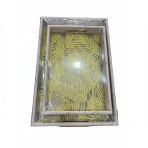 طقم صواني تقديم مجوز  بسطح بلور ونقوش أوراق