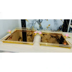 طقم صواني مجوز بسطح مرآة عاكس وإطار ذهبي