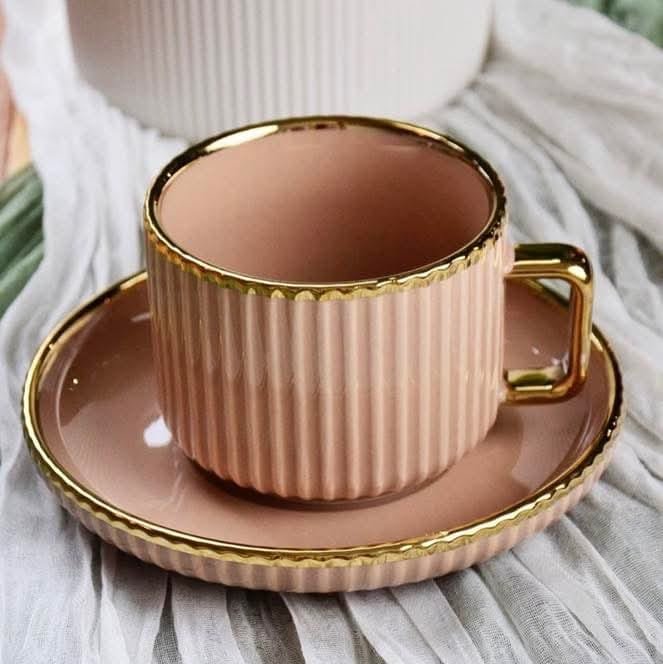 طقم فناجين السيراميك الوردي 12 فنجان و 12 تبسية - الصورة 2
