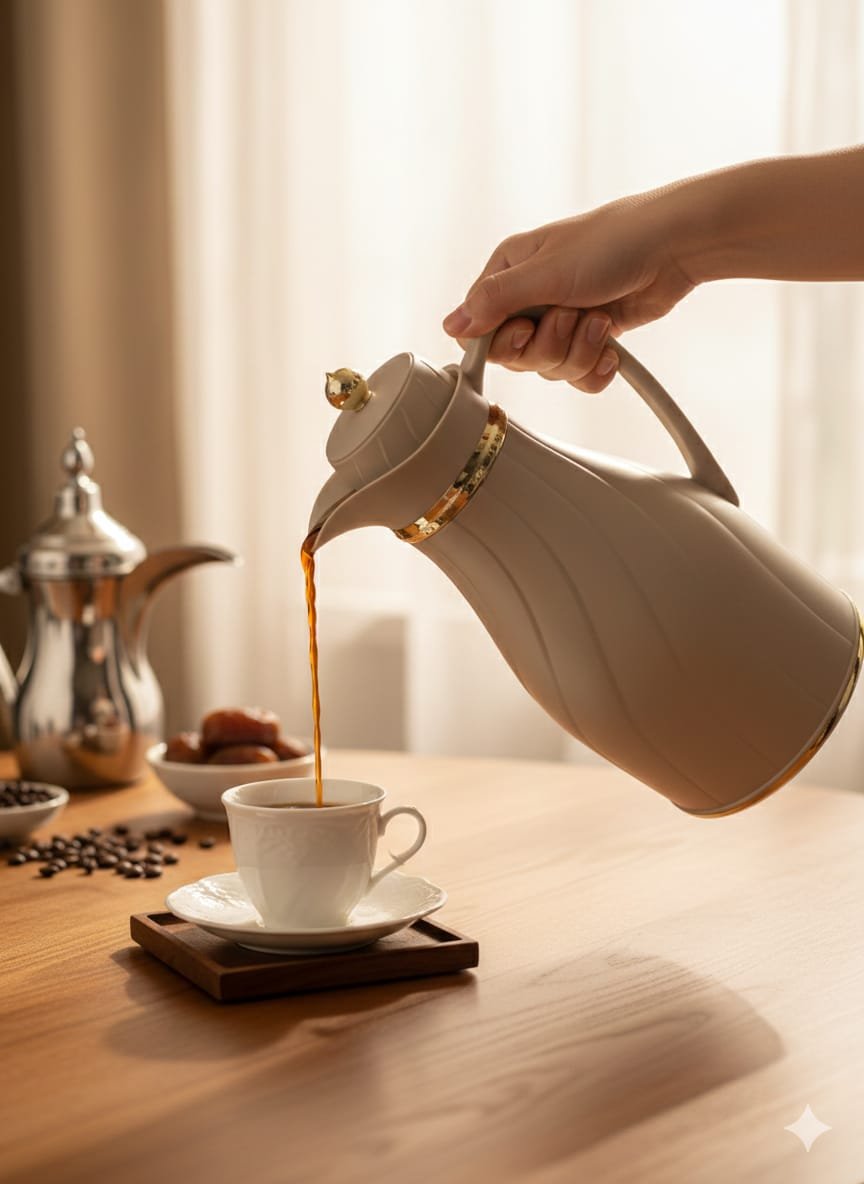 ترمس ضيافة أنيق بلون بيج وتفاصيل ذهبية - الصورة 2