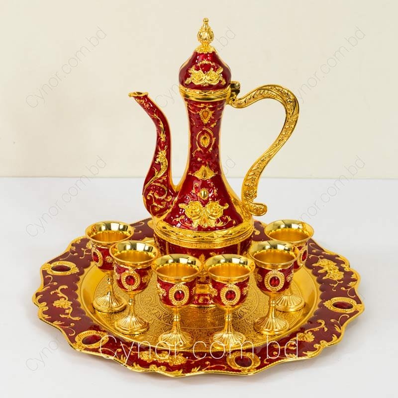 طقم تقديم مياه زمزم والقهوة والشاي يشمل دلة و6 فناجين قاعدة وصينية